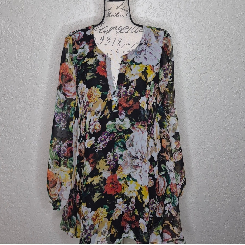 Show Me Your Mumu Floral Split Neck Tunic Top Long Sleeve Black Multi Size M